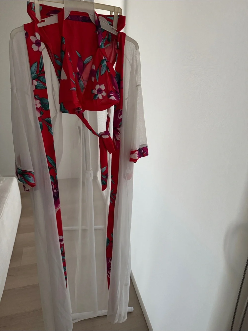 Sheer White Kimono Robe with Red Floral Trim Swimsuit Set